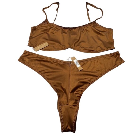 SKIMS Stretch Satin Scoop Neck Bralette + Cheeky Tanga Bronze 3X